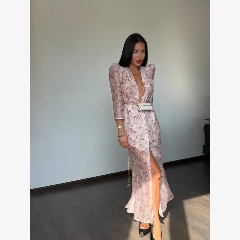 Women Orange Paisley Print Short Sleeve Maxi Dress Fashion V-neck Ruffle Trim Belted Slit Hem Dresses 2026 Lady Vacation Gown