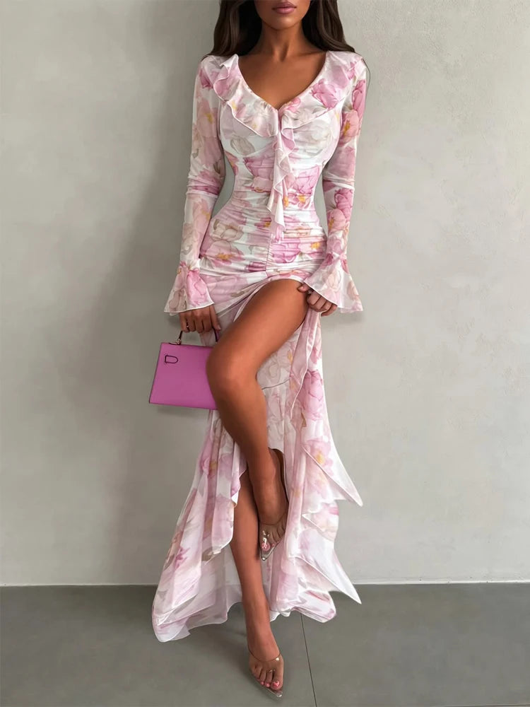Flutter Sleeves Pleated Long Dress Women Chic Deep V-neck Floral Print Sexy Waist Cinching Vestidos Lady Holiday Street Dresses