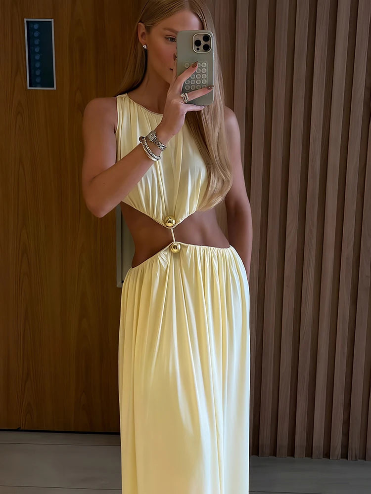 Cutenew Shirring Splice Women Maxi Dresses Classic Solid O-neck Sleeveless Straight Vestidos Female Wild Simple Party Long Robe