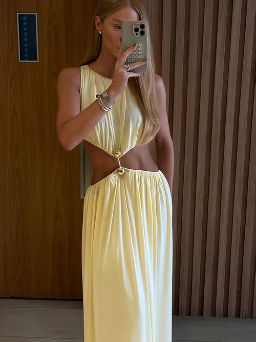Cutenew Shirring Splice Women Maxi Dresses Classic Solid O-neck Sleeveless Straight Vestidos Female Wild Simple Party Long Robe