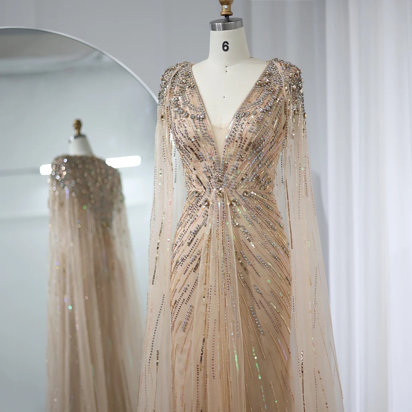 Sharon Said Luxury Dubai Sage Green Evening Dresses with Cape Fuchsia Crystal Gold Women Wedding Party Gowns SS399 Customized