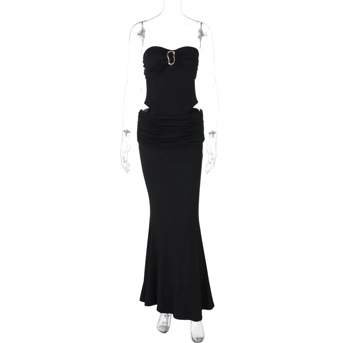 Dulzura Fashion Sexy Elegant 2 Piece Ruched Skirt Set Chest Wrapping Backless Bodysuit Slim Long Skirt Matching Set Party Club