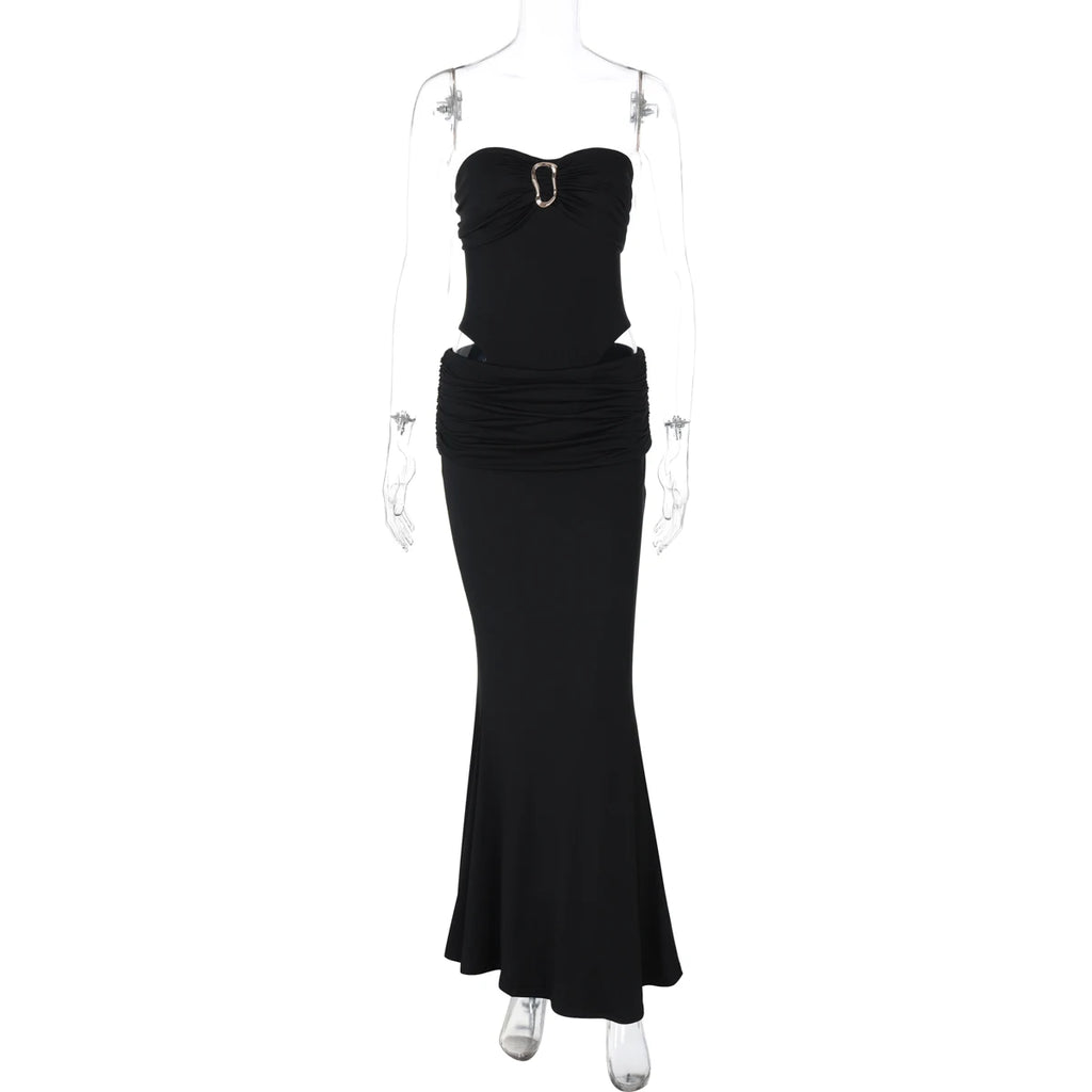 Dulzura Fashion Sexy Elegant 2 Piece Ruched Skirt Set Chest Wrapping Backless Bodysuit Slim Long Skirt Matching Set Party Club