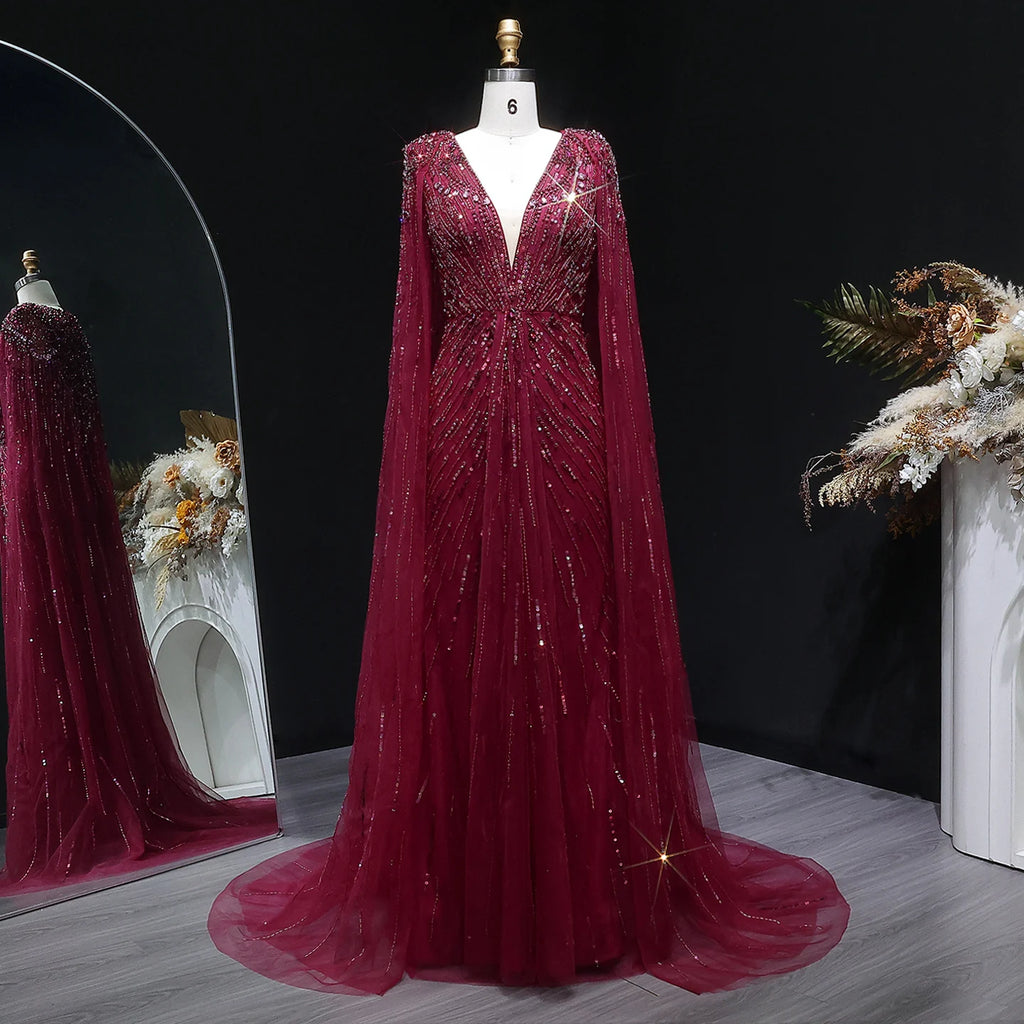Sharon Said Luxury Dubai Sage Green Evening Dresses with Cape Fuchsia Crystal Gold Women Wedding Party Gowns SS399 Customized