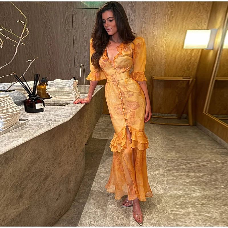 Padded Shoulder Ruffle Maxi Dress V-neck Low Slit Waist Cinching 2026 Springr Holiday Women Flowy Gown Chic Fashion Vestidoes