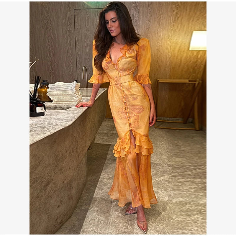 Flutter Sleeves Pleated Long Dress Women Chic Deep V-neck Floral Print Sexy Waist Cinching Vestidos Lady Holiday Street Dresses