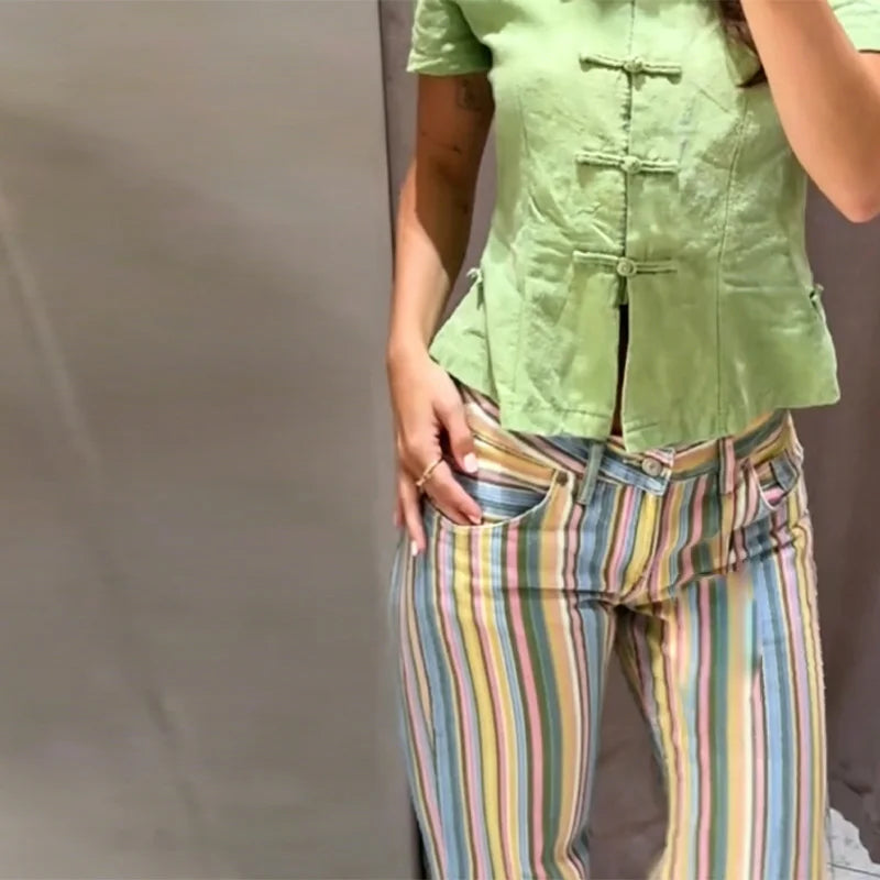Colorful Striped Jeans for Women Low Waist Straight Leg Trousers High Street Casual Long Denim Pant 2026 NEW Daily Lady Jeans