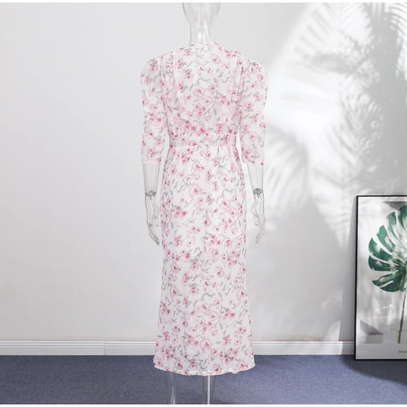 Elegant Printed Women's Dress Organza Deep V-neck Half Sleeved Waist Cinched Pleated Dresses 2026 Summer Lady Holiday Party Robe