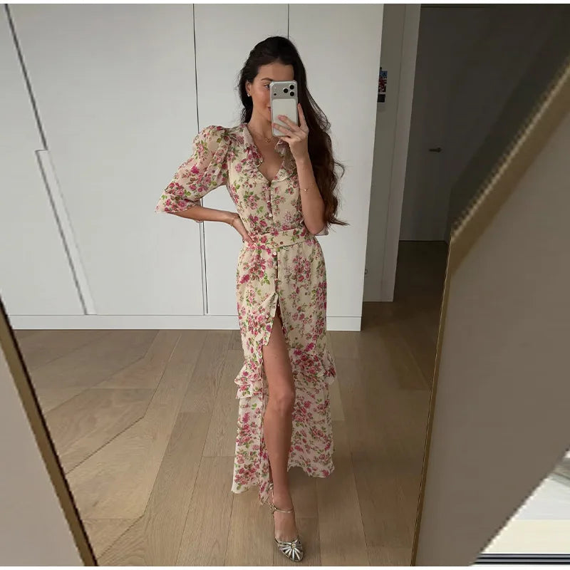 Padded Shoulder Ruffle Maxi Dress V-neck Low Slit Waist Cinching 2026 Springr Holiday Women Flowy Gown Chic Fashion Vestidoes