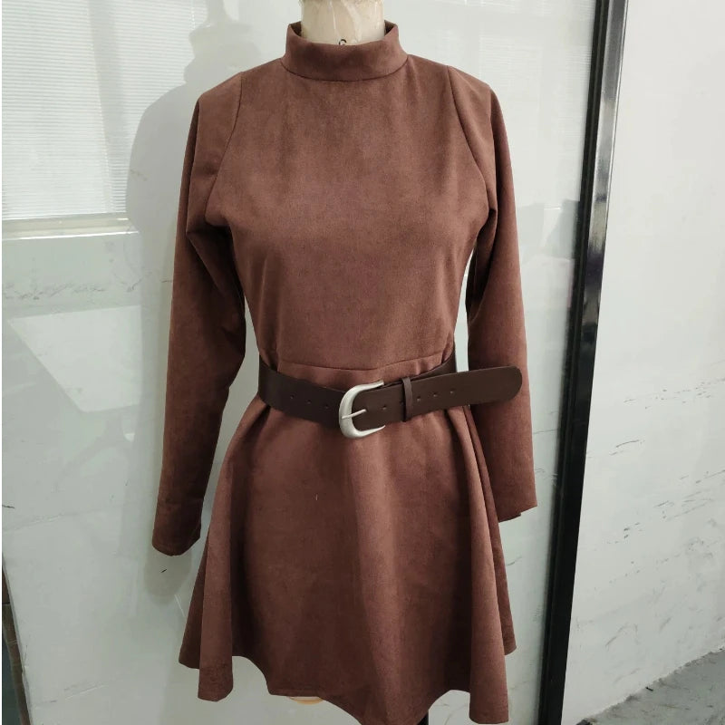 Vintage Half High Neck Long Sleeve Short Dress Women Fashion High Waist Pleasted Zipper Slim Dresses Female Autumn Chic Cloth