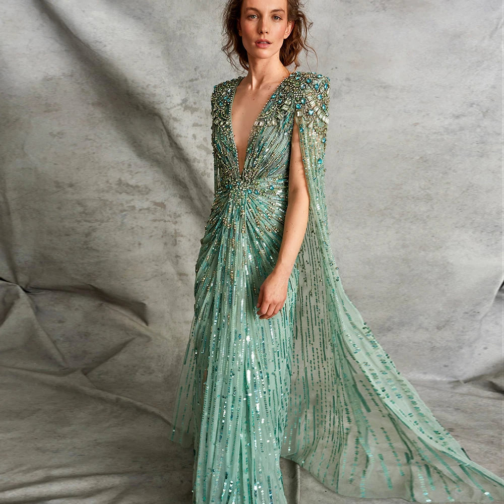Sharon Said Luxury Dubai Sage Green Evening Dresses with Cape Fuchsia Crystal Gold Women Wedding Party Gowns SS399 Customized