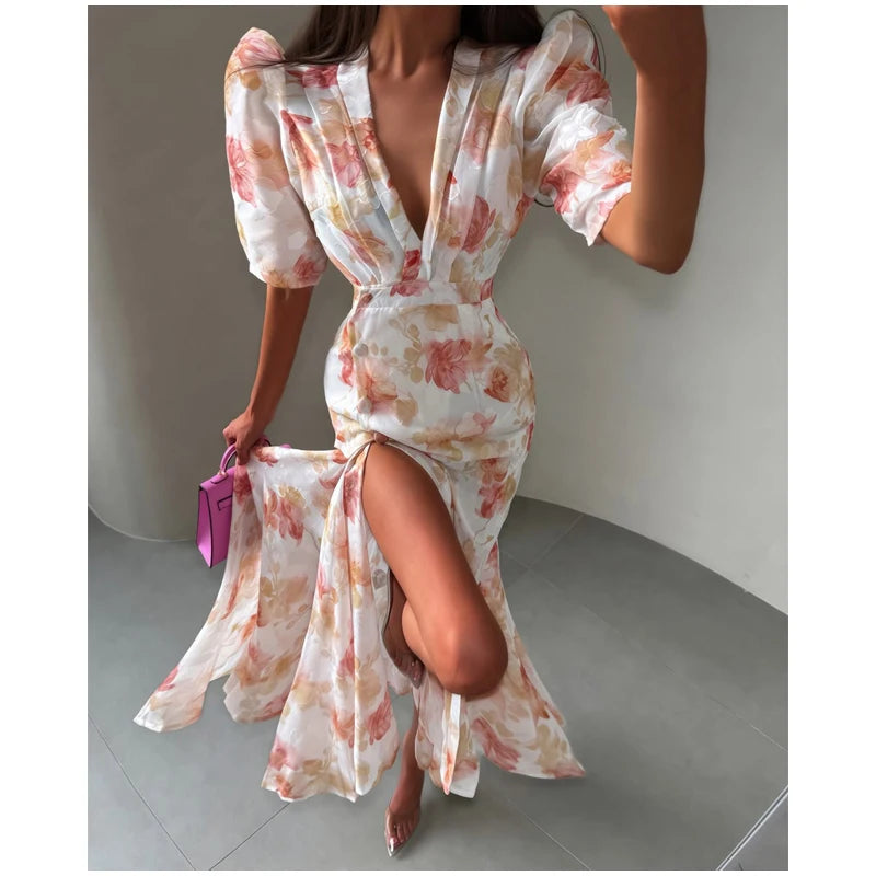Flutter Sleeves Pleated Long Dress Women Chic Deep V-neck Floral Print Sexy Waist Cinching Vestidos Lady Holiday Street Dresses