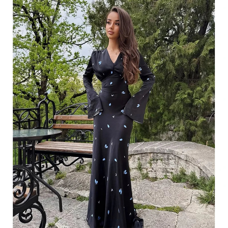 Pink Floral Print Slim Fit Dress Women Chic V-neck Ruffle Trim Flare Full Sleeves Ruched Slit Long Dresses Lady Elegant Wear New