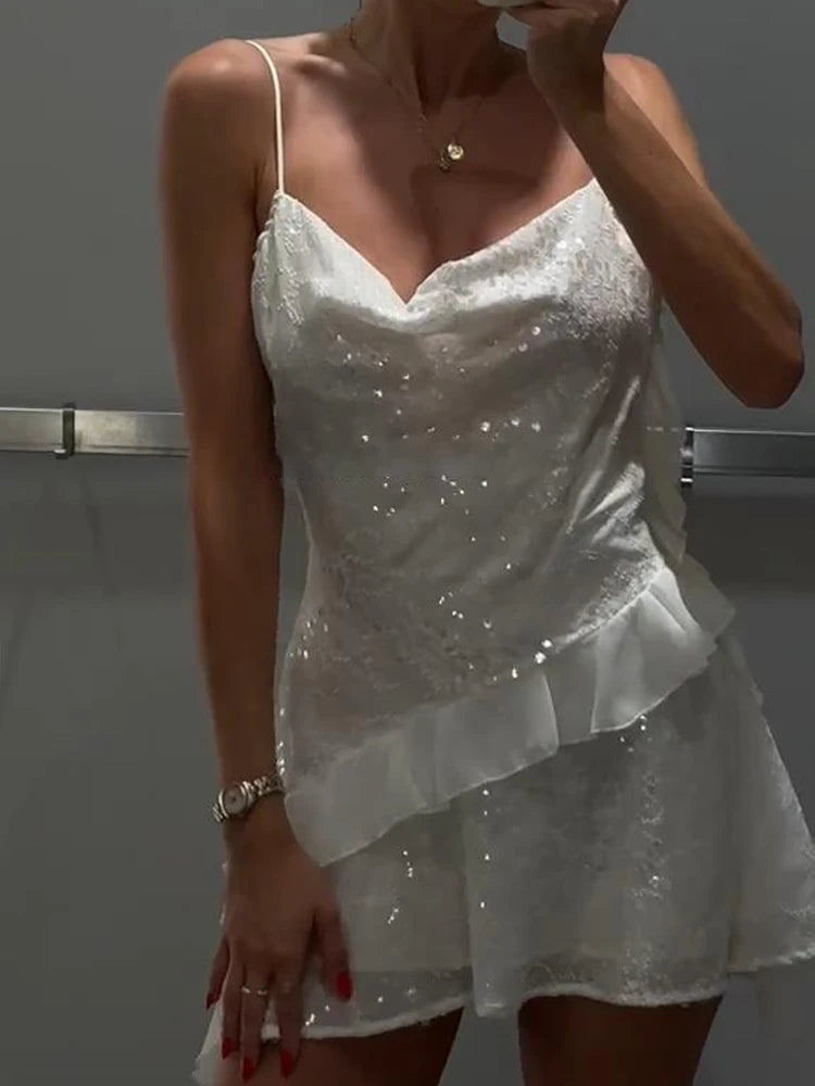 Women's Sexy Sequin Ruffle Short Dress Slim Spaghetti Strap Sleeveless Backless Party Gown for Summer 2025 Elegant Female Dress