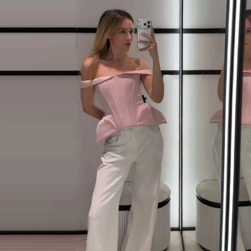 Sexy Women's Top Off Shoulder Slim Fish Bone A-line Hem Solid Female Corset 2026 Summer Fashion Chic Elegant Party Lady Outwear