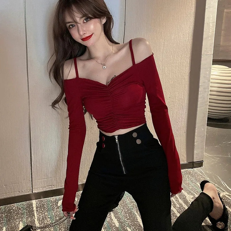 Hong Kong Style Short Crop Top Women's Tight Belly Shirt V-Neck Long Sleeve Cotton T-Shirt Korean Commute Style Base Shirt