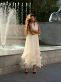 Women Solid Ruffle  Maxi Dress Fashion Lapel V-neck Sleeveless Pleated High Waist Chic Dresses 2026 Summer Lady Vacation Robes