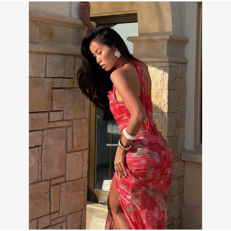 Flutter Sleeves Pleated Long Dress Women Chic Deep V-neck Floral Print Sexy Waist Cinching Vestidos Lady Holiday Street Dresses
