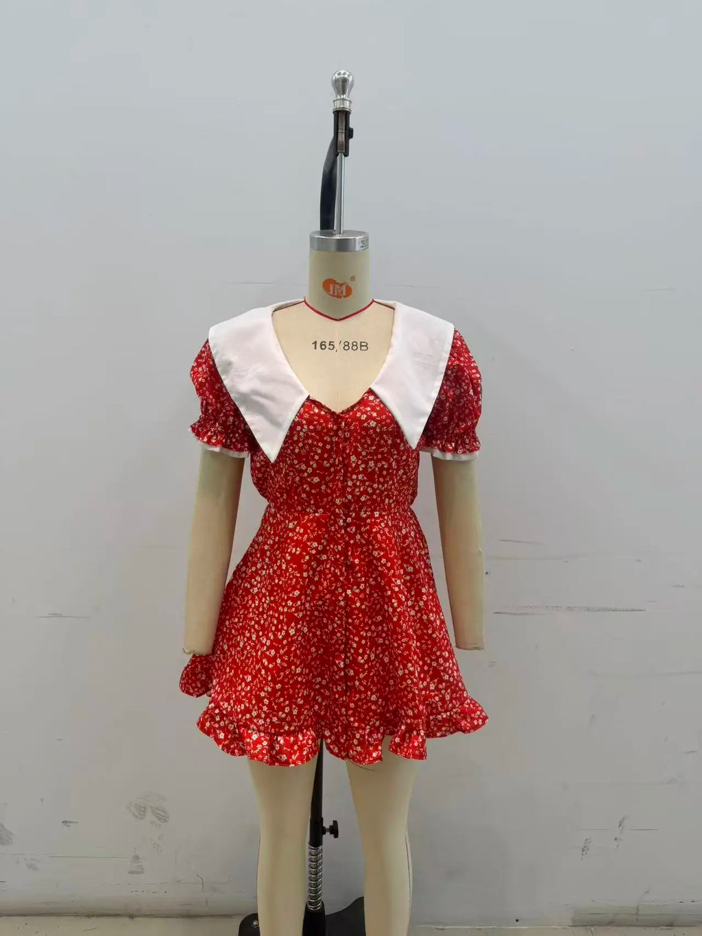 V-neck Peter Pan Collar Red Floral Print Puff Sleeve A-line Mini Dress High Waist Women's Casual Dresses 2026 Lady Date Vestidos