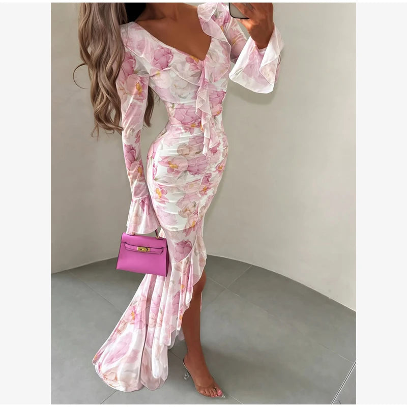 Flutter Sleeves Pleated Long Dress Women Chic Deep V-neck Floral Print Sexy Waist Cinching Vestidos Lady Holiday Street Dresses