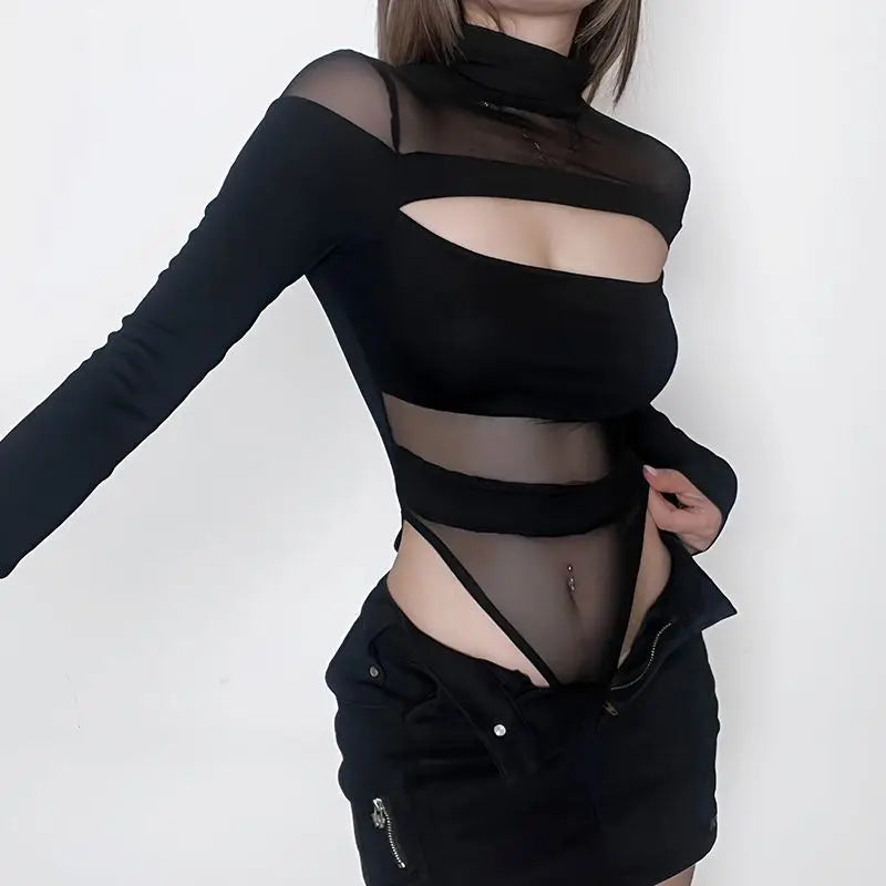 Women's Long Sleeve Onesie Hollow out Slim Fit Pure Desirable Sexy Mesh Top American Retro INS Transparent Design T-shirt