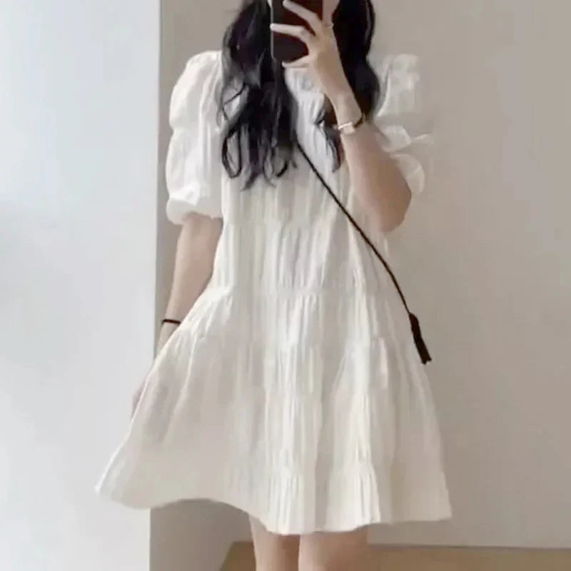 Fashion French Pleaded Dress for Women Elegant Casual Loose Short Sleeve Summer Dress Office Lady Party Dresses Robe New 27992