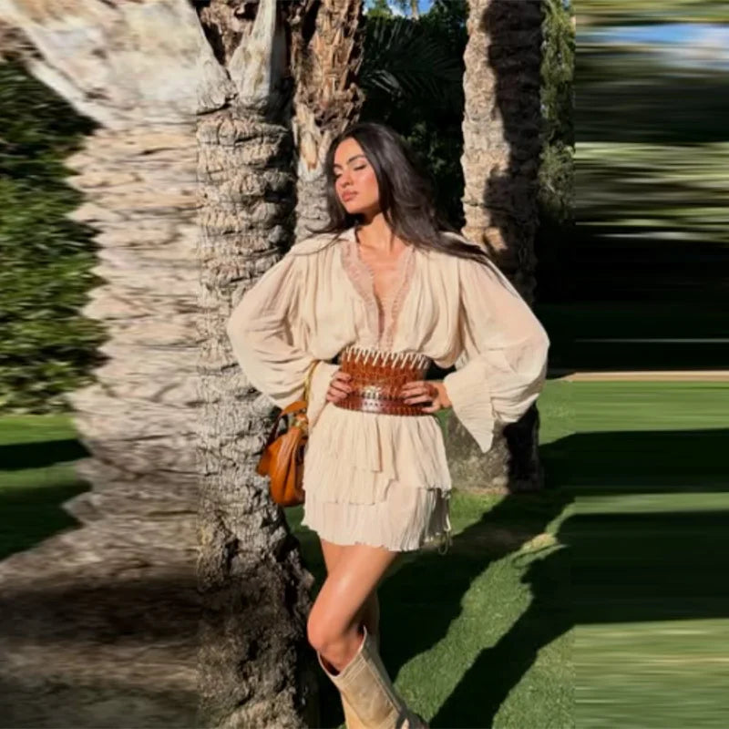 Elegant Beige Pleated Ruffle Mini Dresses Women Lace Trim V Neck Long Sleeve Boho Casual Boho Beach Dress Chic Daily Streetwear