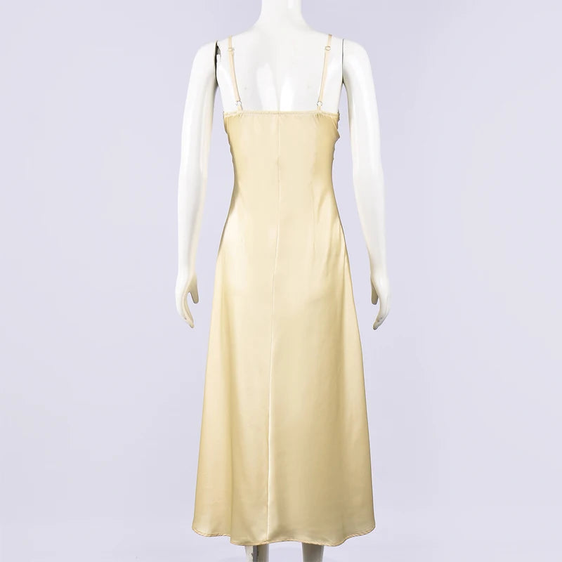 Butter Yellow Satin Bias Cut Lace Patchwork Midi Dress Women's V Neck Backless Suspenders Dresses 2026 New Dinner Party Vestidos