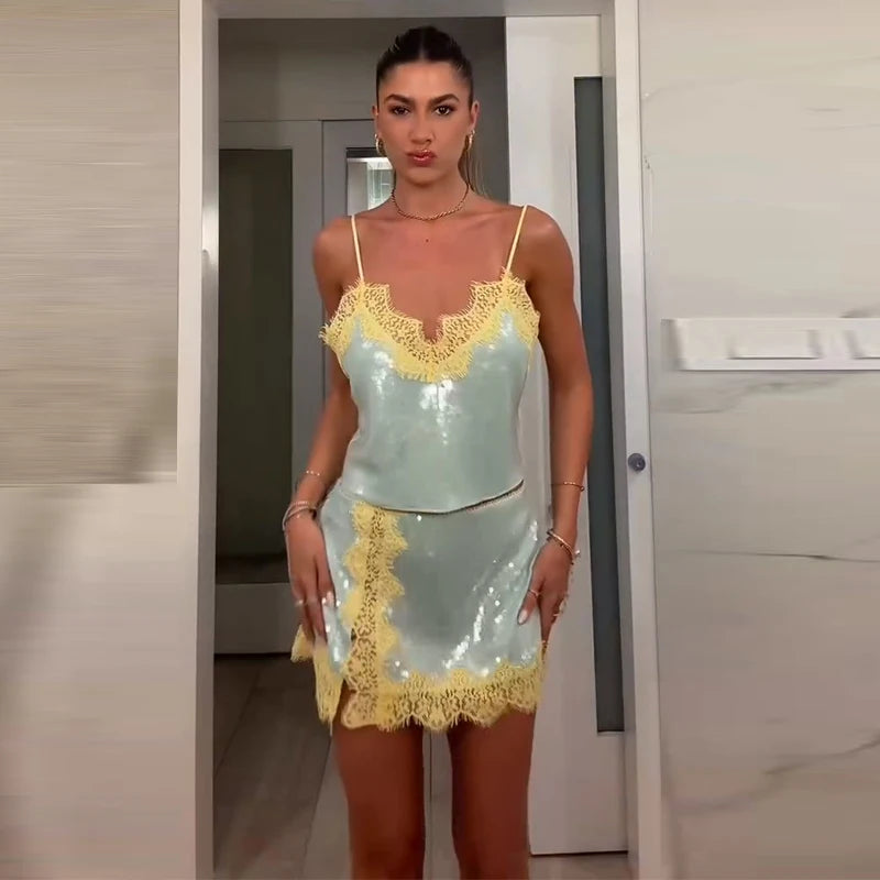 Casual Lace Patchwork Women's Dress Chic V-Neck Slip Top Sleeveless Lady Long Dresses 2026 Spring Summer Female Vacation Robe